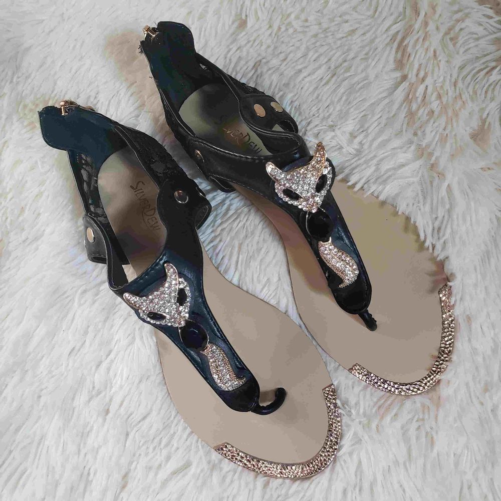Silverdew rhinestone studded & gold toned fox gladiator style T-strap sandals